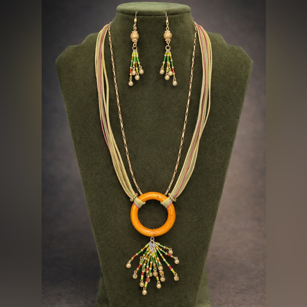 Vintage Boho Necklace Set + Earrings + 14k Gold Filled 18” Chain